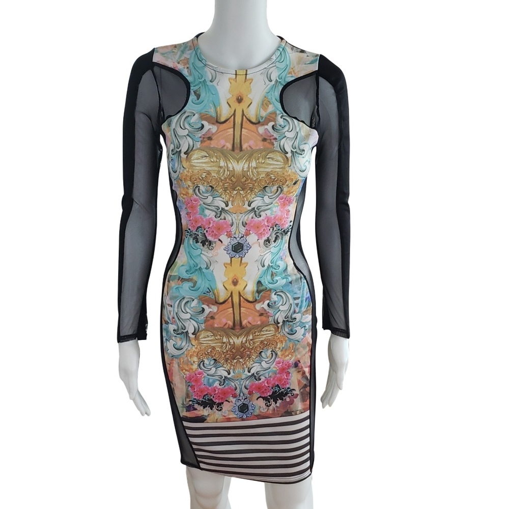 Print Sheer Side Bodycon Dress S